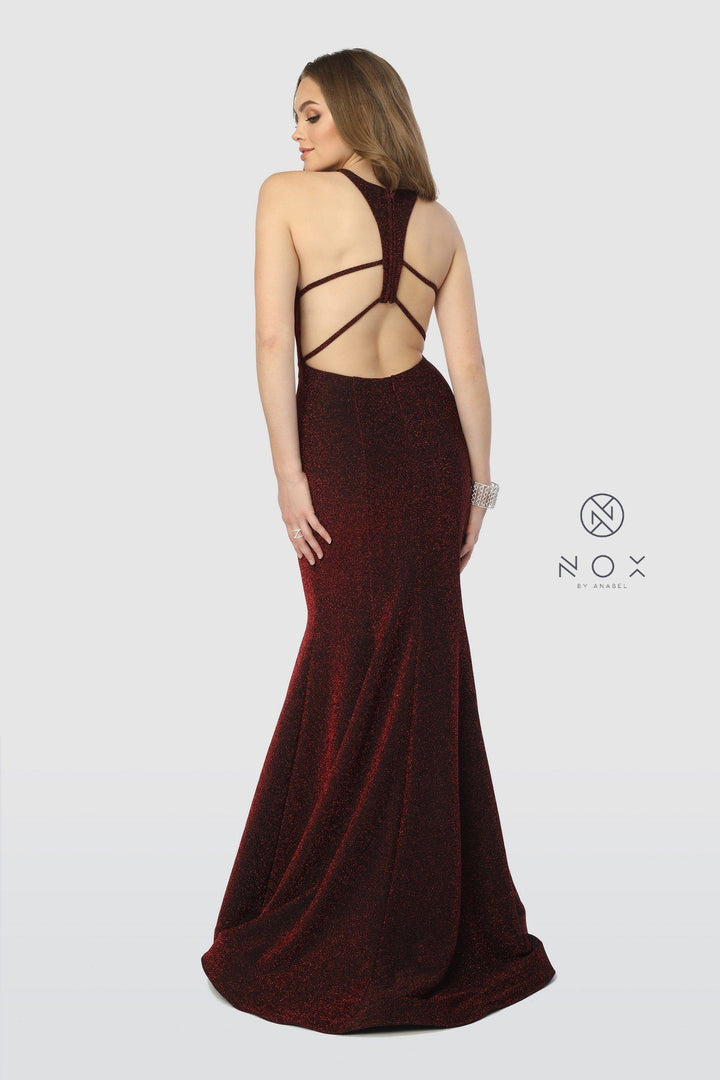 Long Glitter Mermaid Dress with Strappy Back by Nox Anabel C208-Long Formal Dresses-ABC Fashion