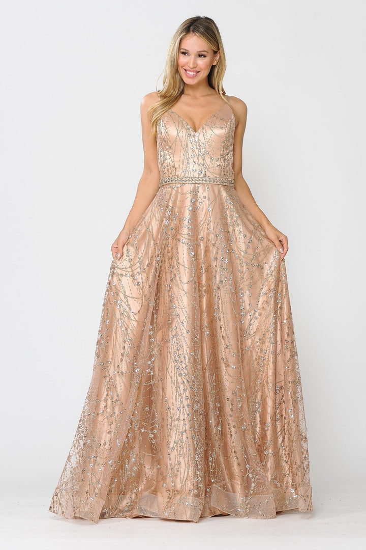 Long Glitter Mesh Dress with Corset Back by Poly USA 8450