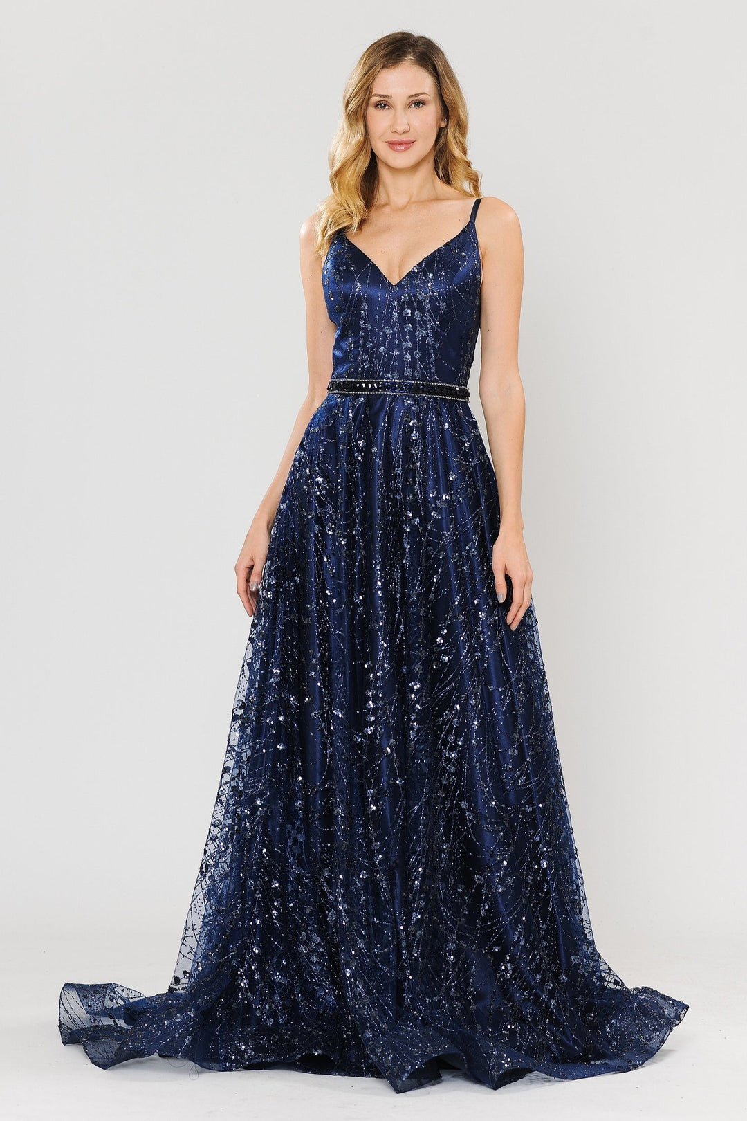 Long Glitter Mesh Dress with Corset Back by Poly USA 8450
