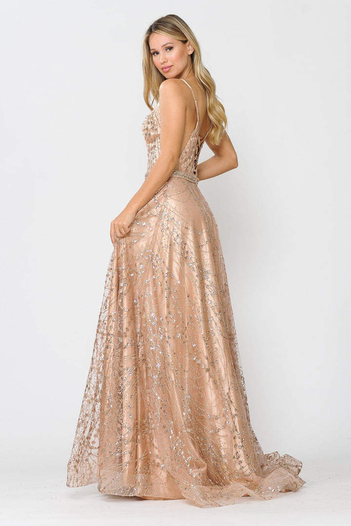 Long Glitter Mesh Dress with Corset Back by Poly USA 8450