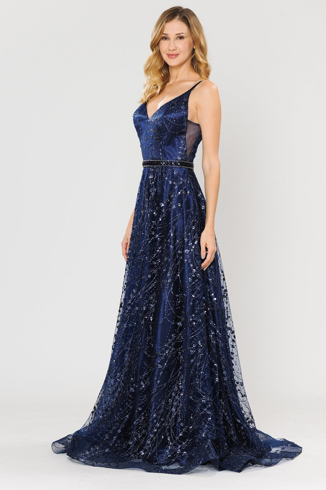 Long Glitter Mesh Dress with Corset Back by Poly USA 8450
