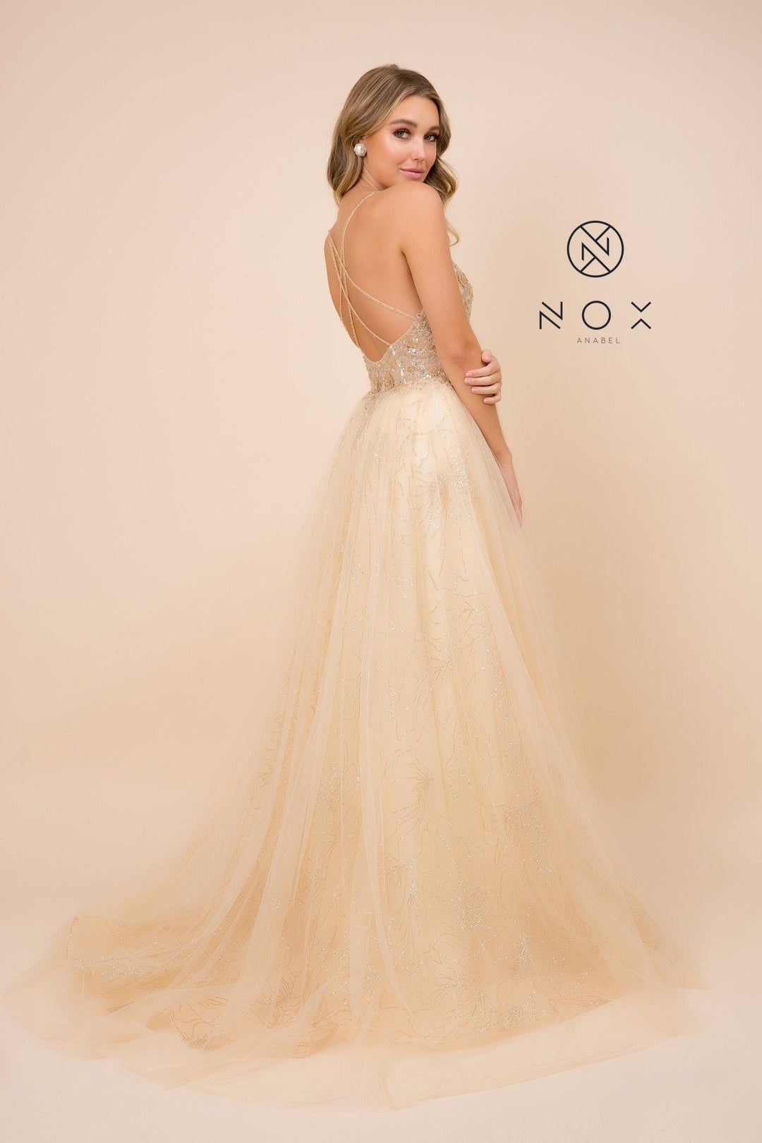 Long Glitter Print Dress with Strappy Back by Nox Anabel J411