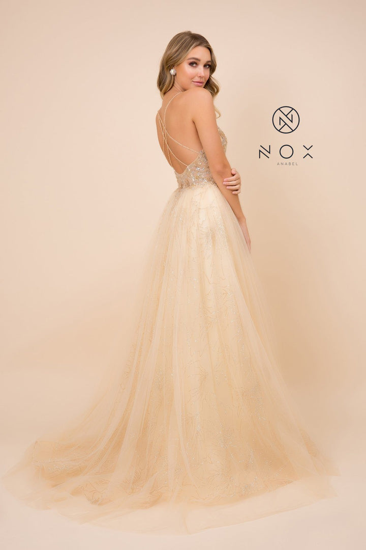 Long Glitter Print Dress with Strappy Back by Nox Anabel J411