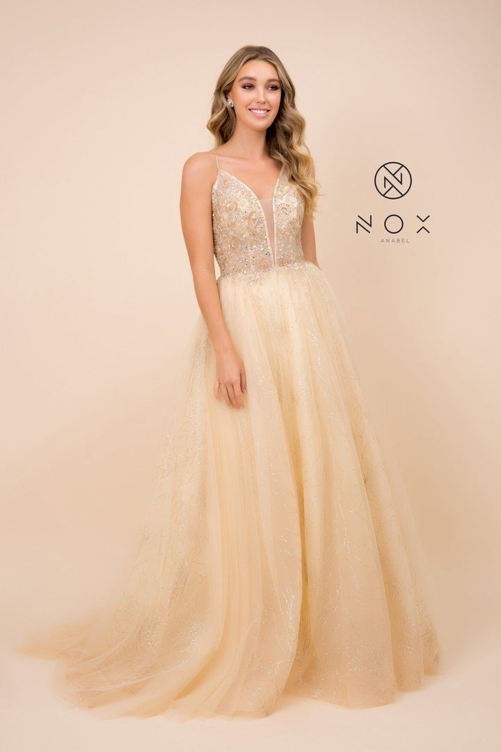 Long Glitter Print Dress with Strappy Back by Nox Anabel J411