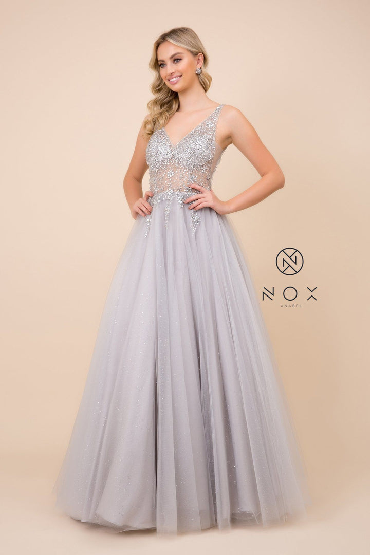 Long Glitter Tulle Dress with Sheer Bodice by Nox Anabel D322