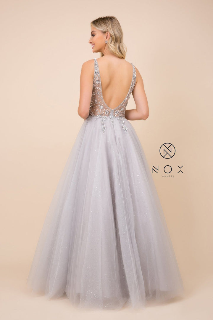 Long Glitter Tulle Dress with Sheer Bodice by Nox Anabel D322