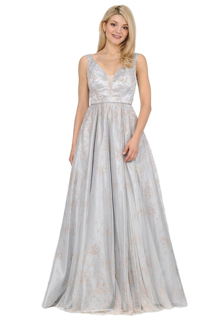 Long Glitter V-Neck Dress with Open Back by Poly USA 8338-Long Formal Dresses-ABC Fashion