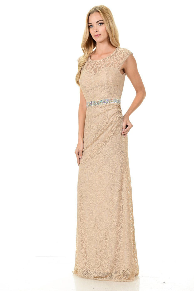 Long Gold Cap Sleeve Lace Dress with Shawl by Lenovia-Long Formal Dresses-ABC Fashion