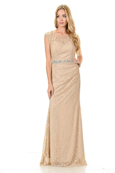 Long Gold Cap Sleeve Lace Dress with Shawl by Lenovia-Long Formal Dresses-ABC Fashion