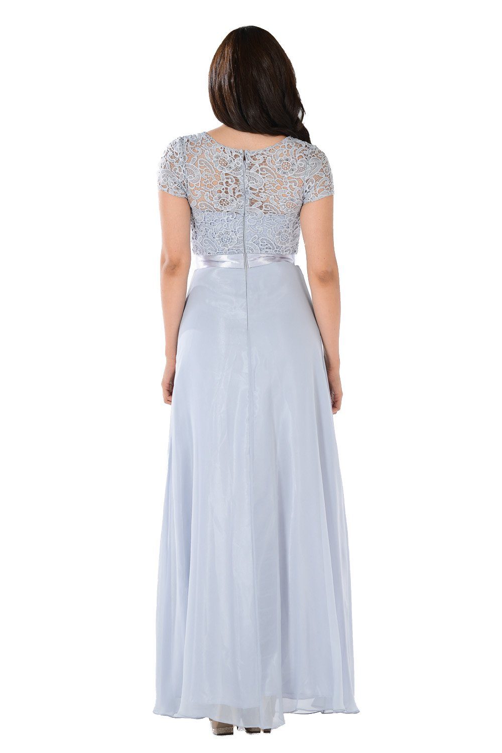Long Gray Dress with Short-Sleeved Lace Bodice by Poly USA-Long Formal Dresses-ABC Fashion