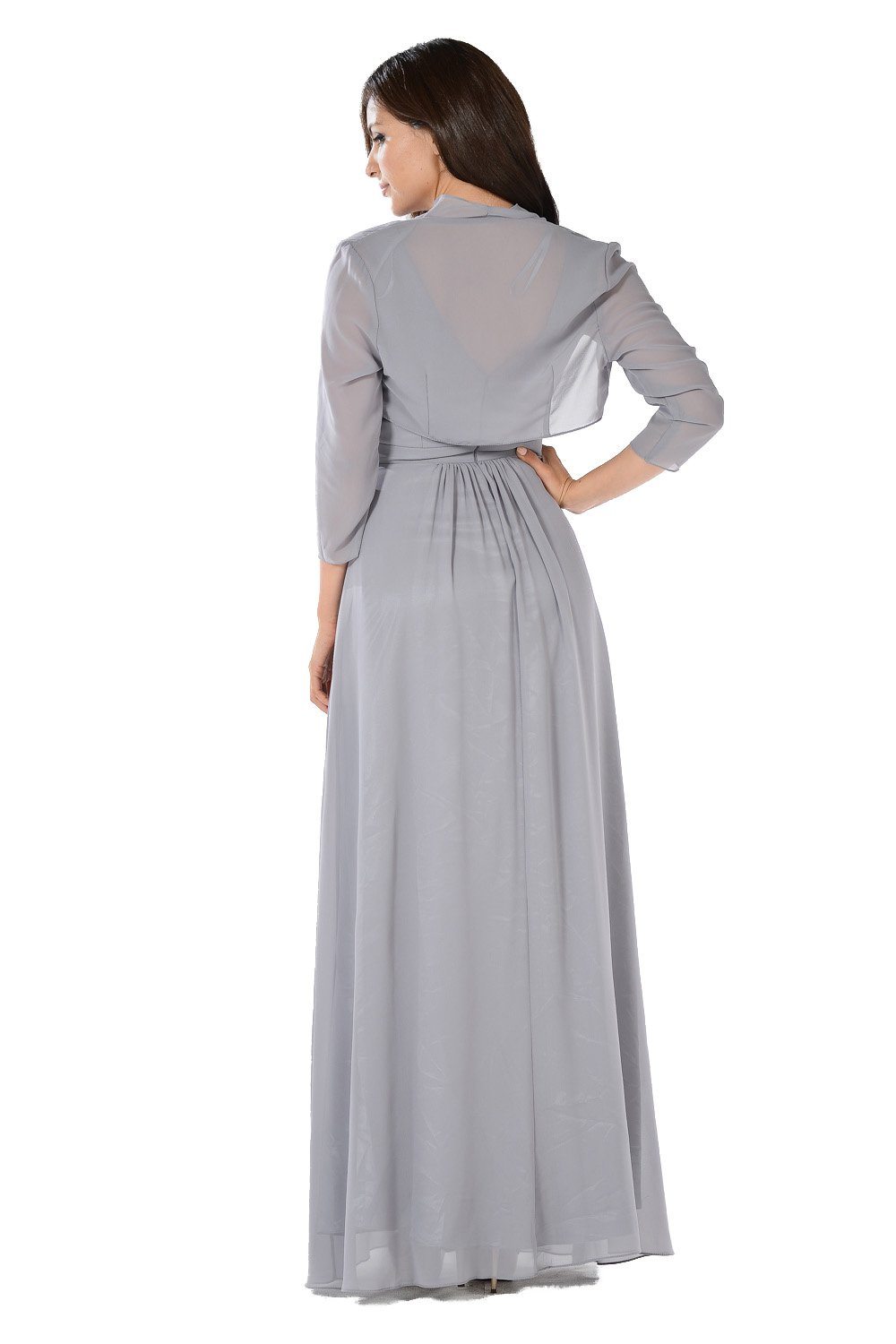 Long Gray V-Neck Dress with Bolero Jacket by Poly USA-Long Formal Dresses-ABC Fashion