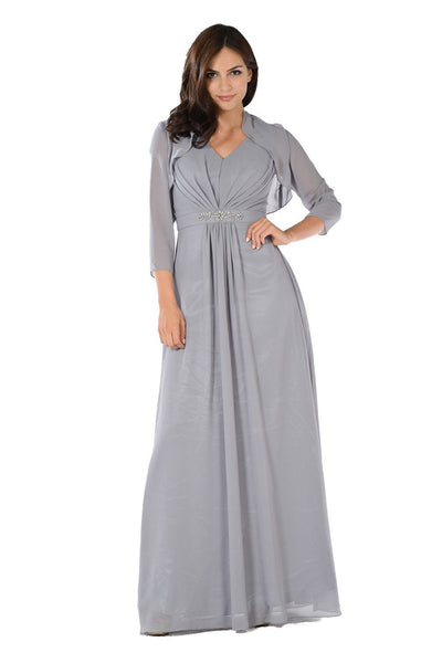 Long Gray V-Neck Dress with Bolero Jacket by Poly USA-Long Formal Dresses-ABC Fashion