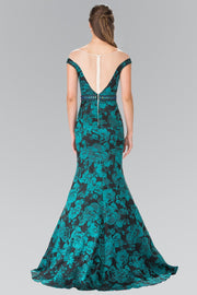 Long Green Floral Print Off The Shoulder Dress by Elizabeth K GL2245-Long Formal Dresses-ABC Fashion