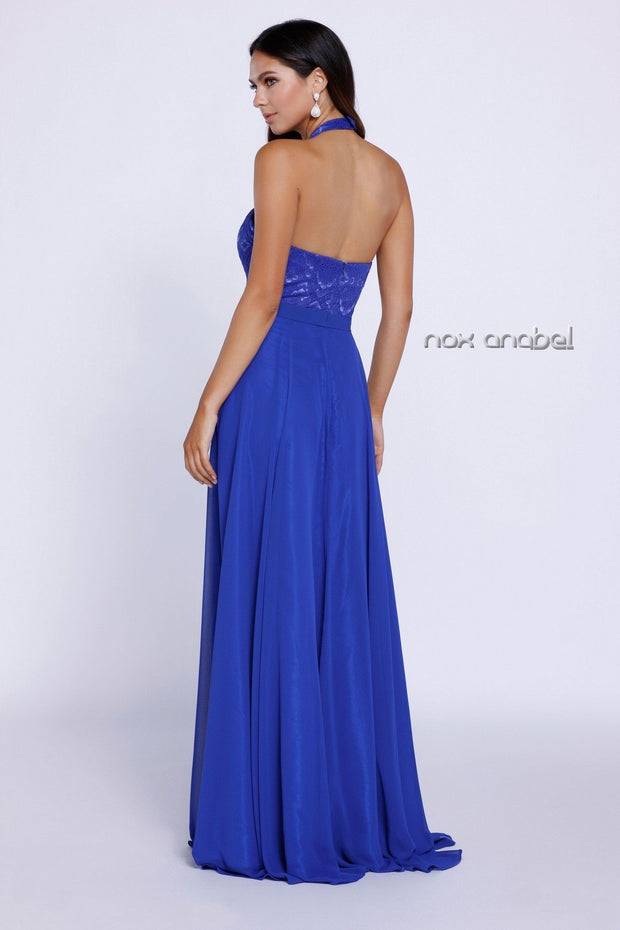 Long Halter Chiffon Dress with Lace Bodice by Nox Anabel 8233-Long Formal Dresses-ABC Fashion