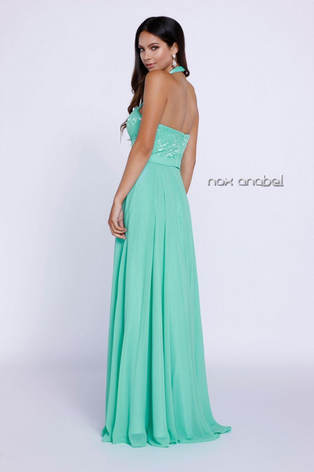 Long Halter Chiffon Dress with Lace Bodice by Nox Anabel 8233-Long Formal Dresses-ABC Fashion