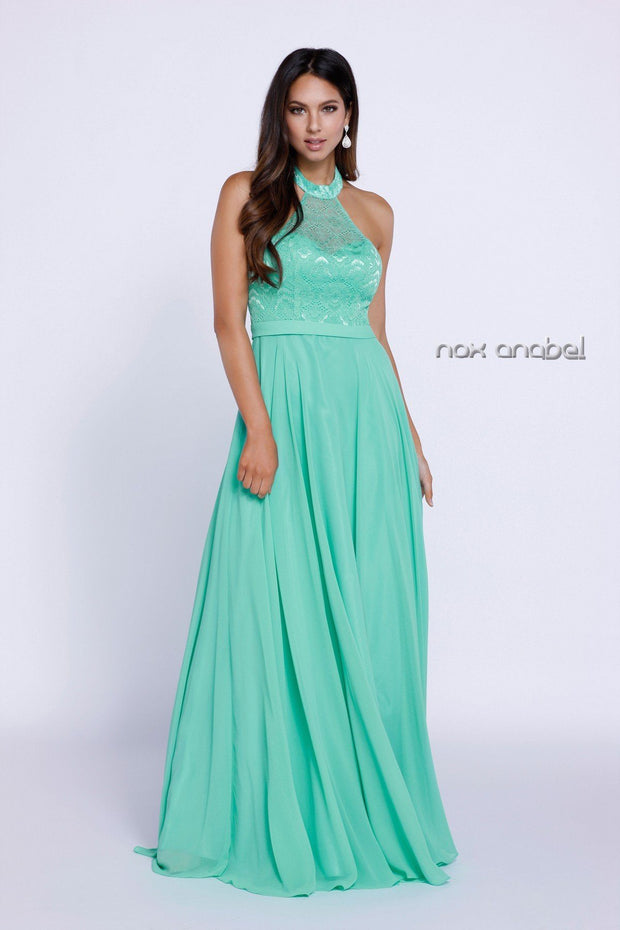 Long Halter Chiffon Dress with Lace Bodice by Nox Anabel 8233-Long Formal Dresses-ABC Fashion