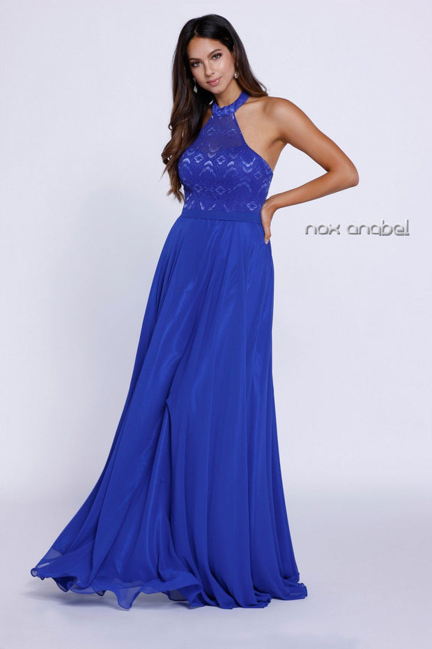 Long Halter Chiffon Dress with Lace Bodice by Nox Anabel 8233-Long Formal Dresses-ABC Fashion