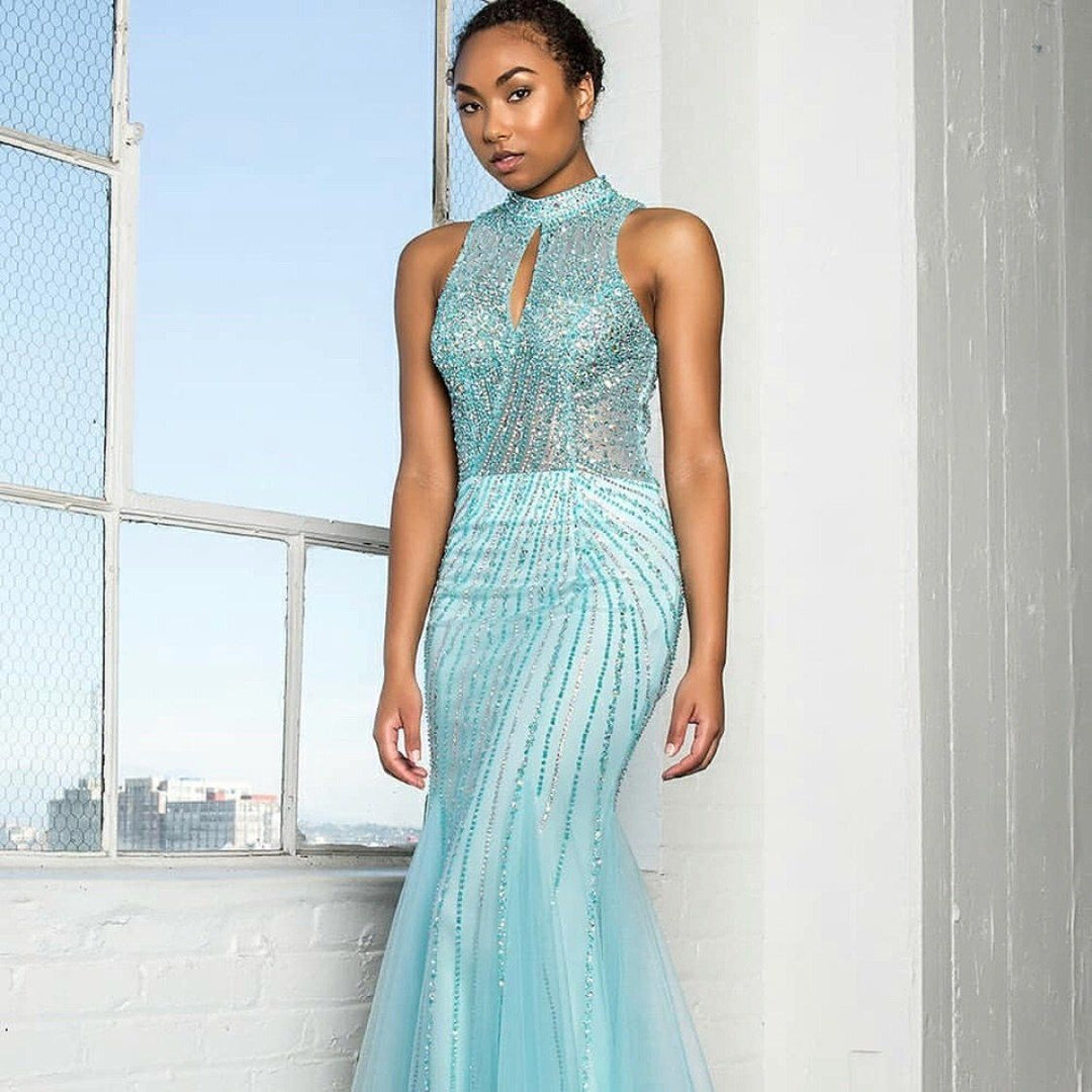 Long Halter Dress with Beaded Illusion Top by Elizabeth K GL2330-Long Formal Dresses-ABC Fashion