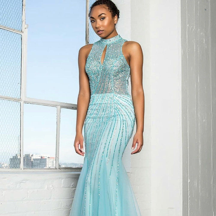 Long Halter Dress with Beaded Illusion Top by Elizabeth K GL2330-Long Formal Dresses-ABC Fashion