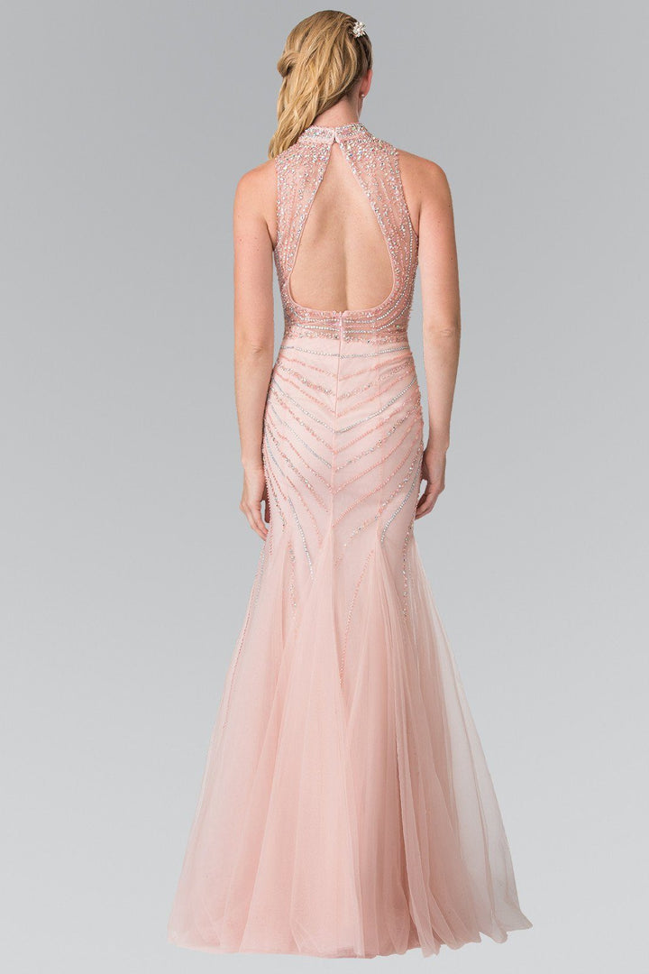 Long Halter Dress with Beaded Illusion Top by Elizabeth K GL2330-Long Formal Dresses-ABC Fashion