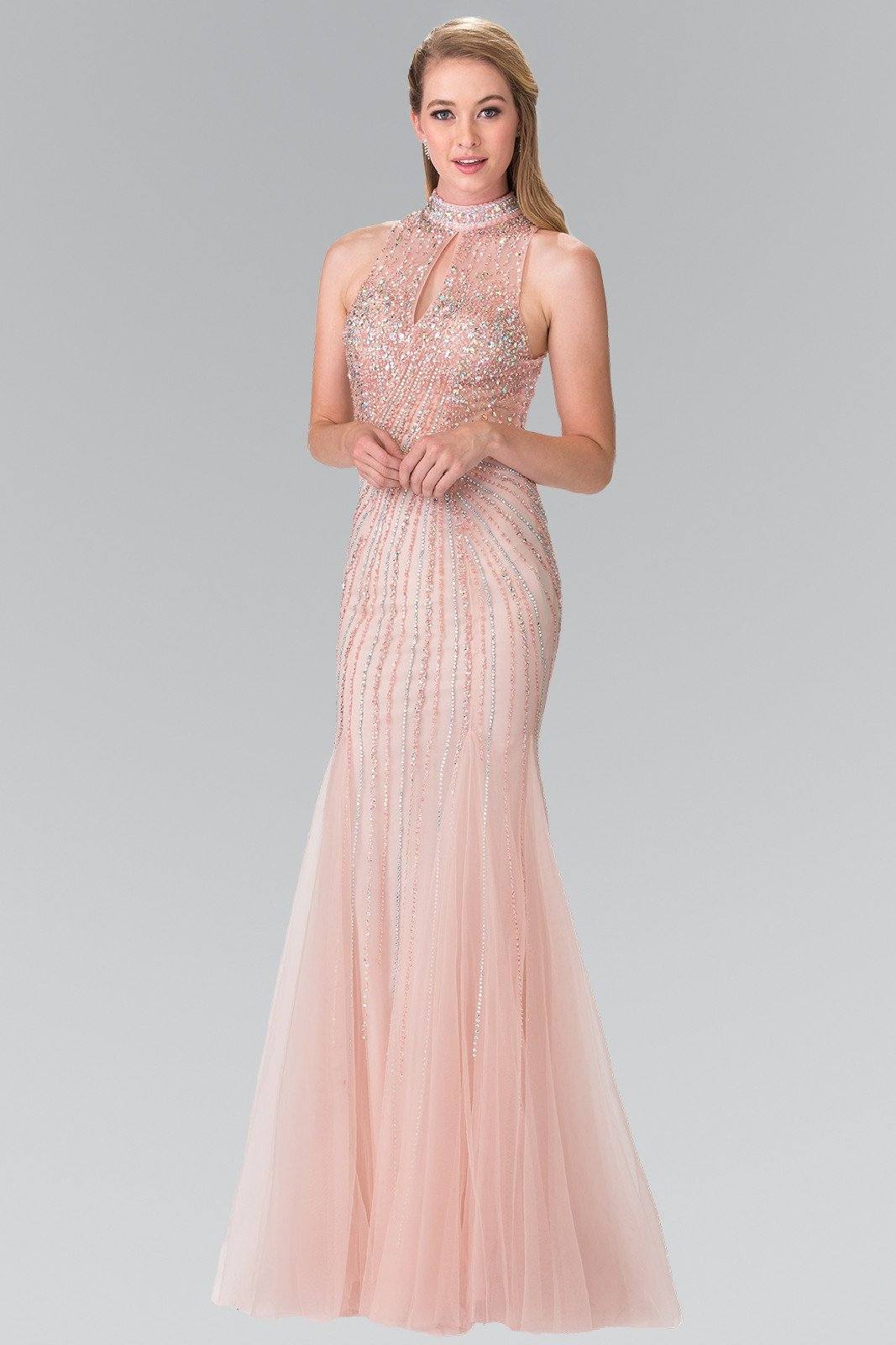 Long Halter Dress with Beaded Illusion Top by Elizabeth K GL2330-Long Formal Dresses-ABC Fashion