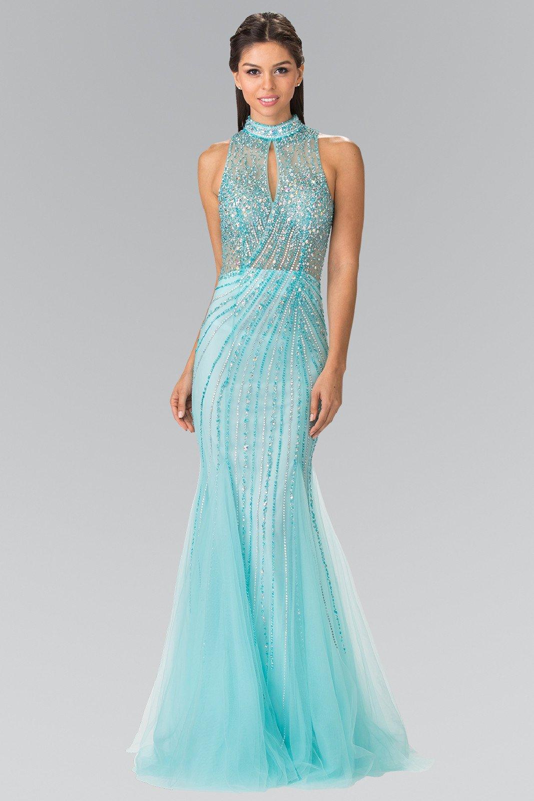 Long Halter Dress with Beaded Illusion Top by Elizabeth K GL2330-Long Formal Dresses-ABC Fashion