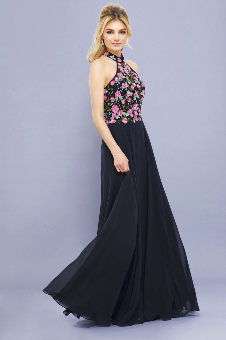 Long Halter Dress with Floral Embroidery by Nox Anabel 8326-Long Formal Dresses-ABC Fashion