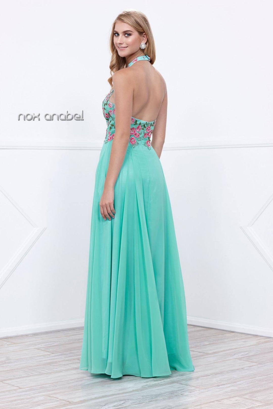 Long Halter Dress with Floral Embroidery by Nox Anabel 8326-Long Formal Dresses-ABC Fashion