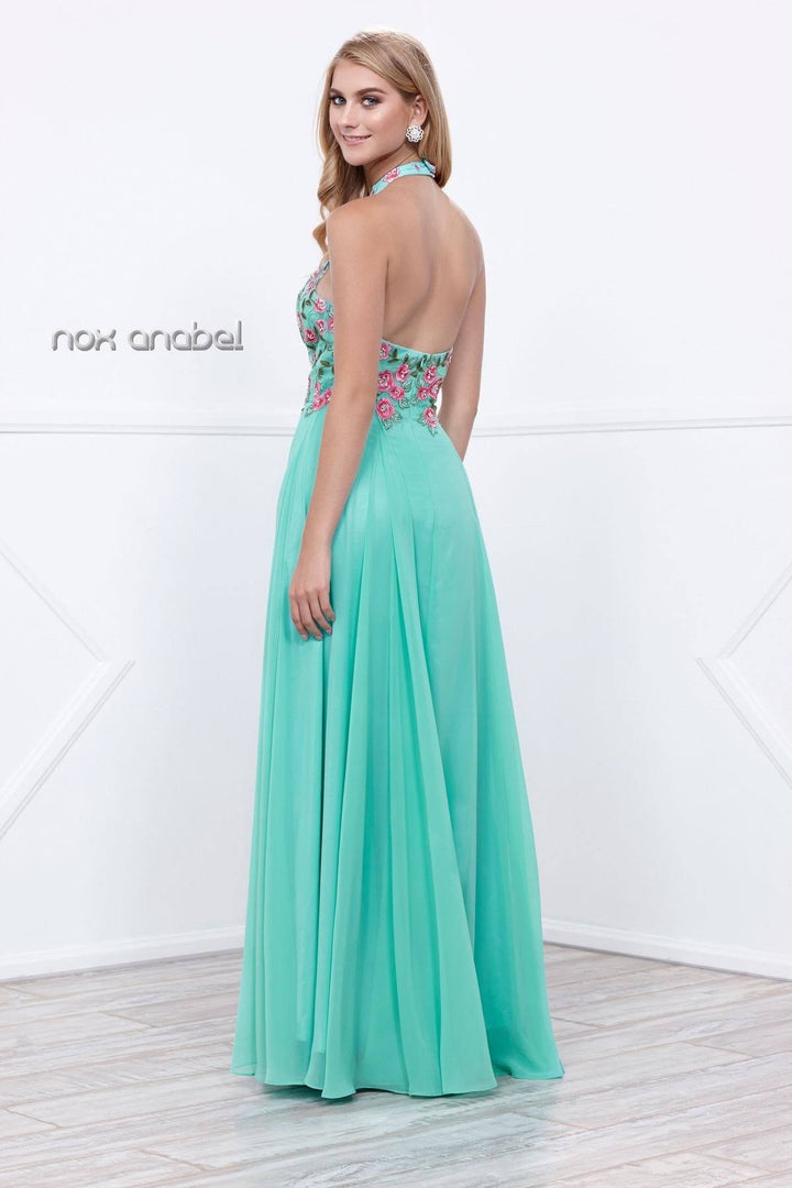 Long Halter Dress with Floral Embroidery by Nox Anabel 8326-Long Formal Dresses-ABC Fashion