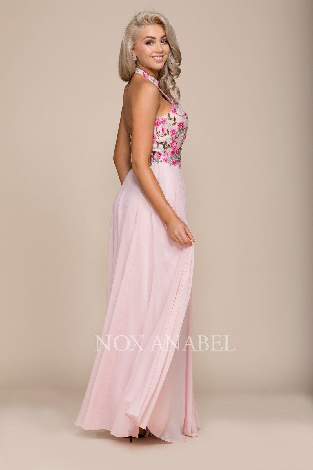 Long Halter Dress with Floral Embroidery by Nox Anabel 8326-Long Formal Dresses-ABC Fashion