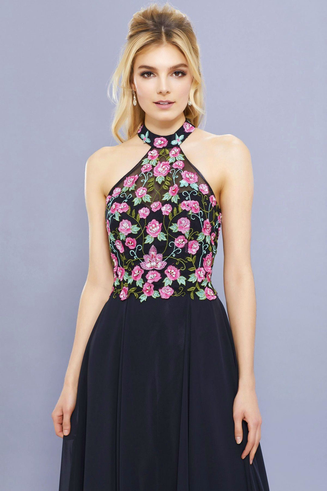 Long Halter Dress with Floral Embroidery by Nox Anabel 8326-Long Formal Dresses-ABC Fashion