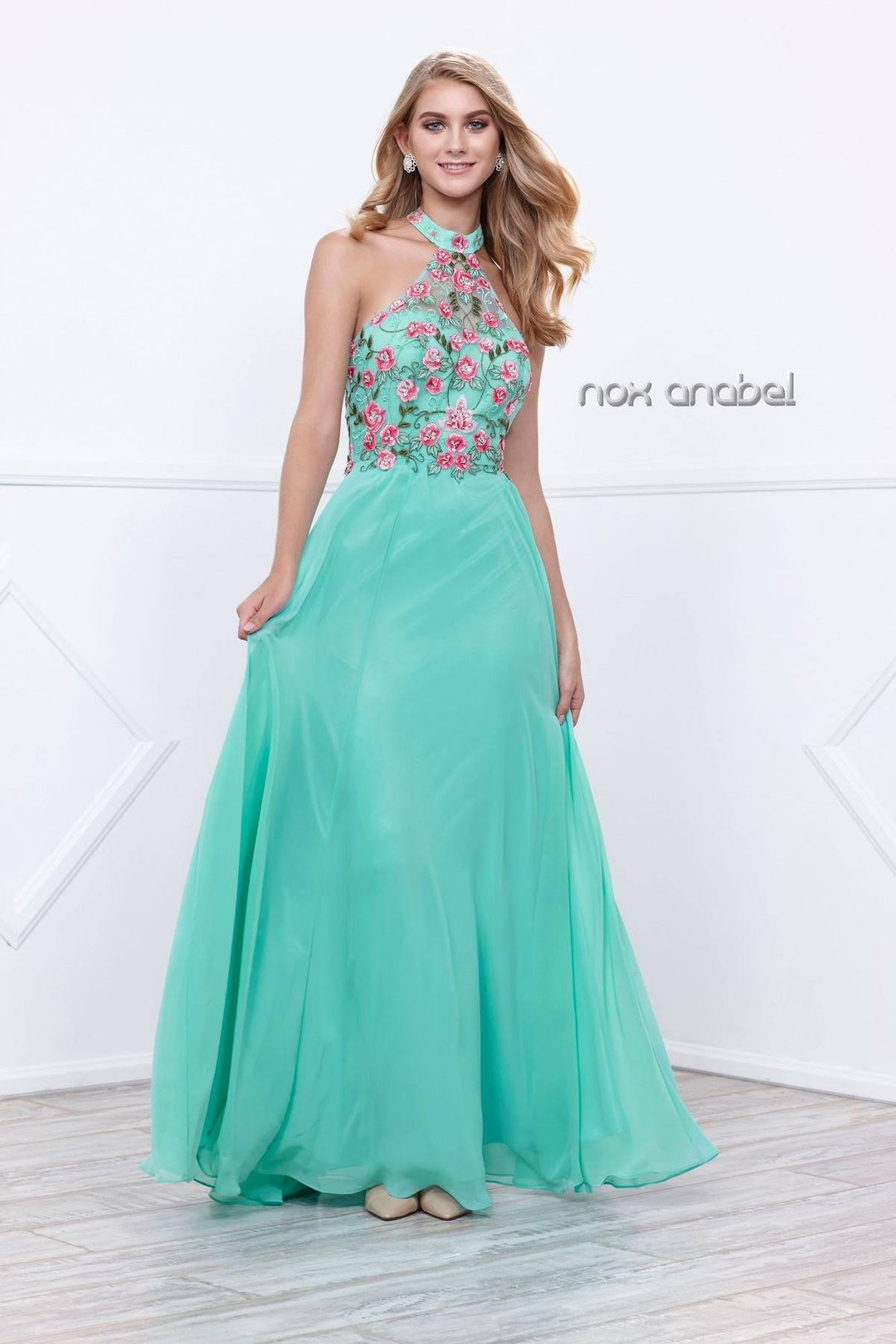 Long Halter Dress with Floral Embroidery by Nox Anabel 8326-Long Formal Dresses-ABC Fashion