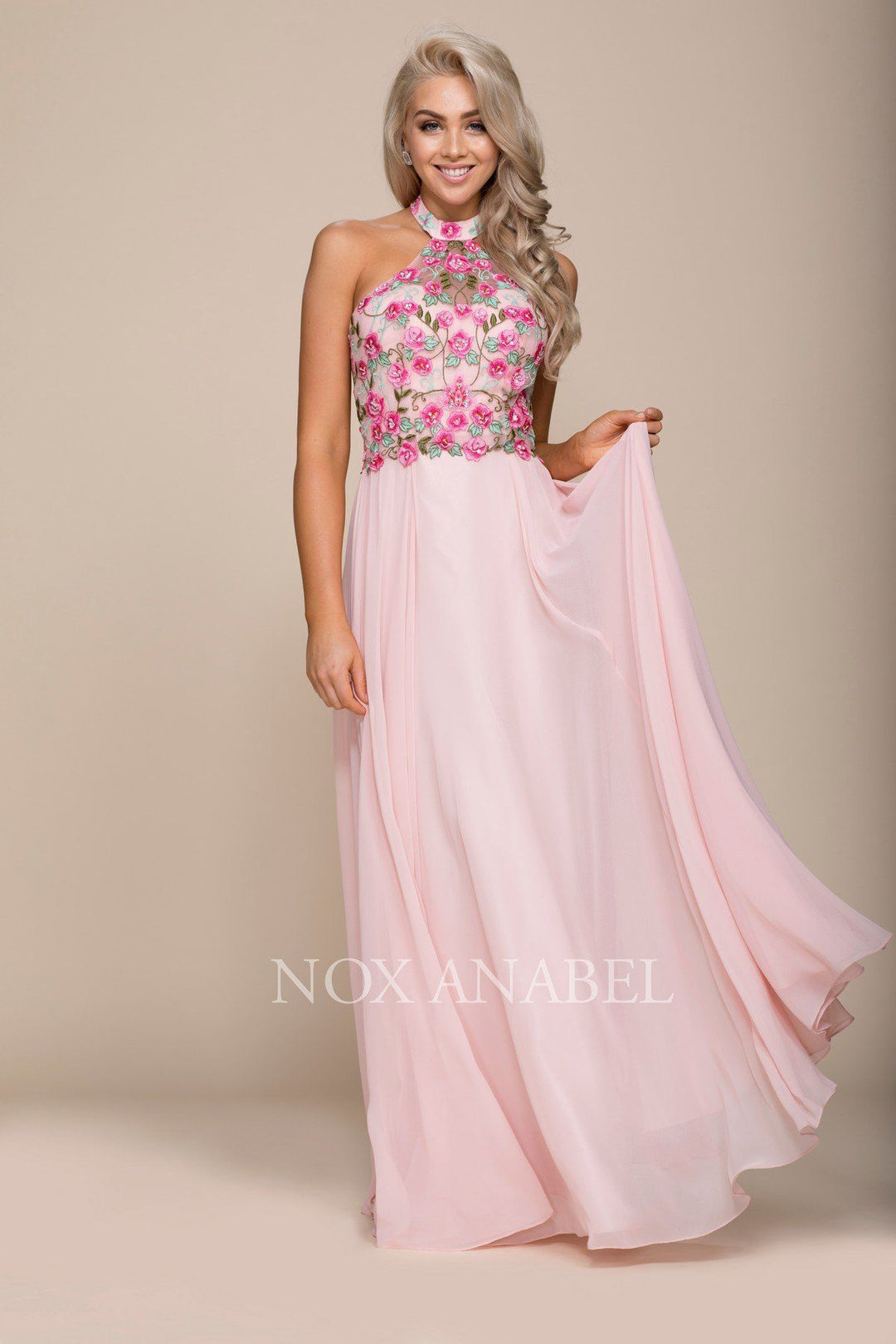 Long Halter Dress with Floral Embroidery by Nox Anabel 8326-Long Formal Dresses-ABC Fashion
