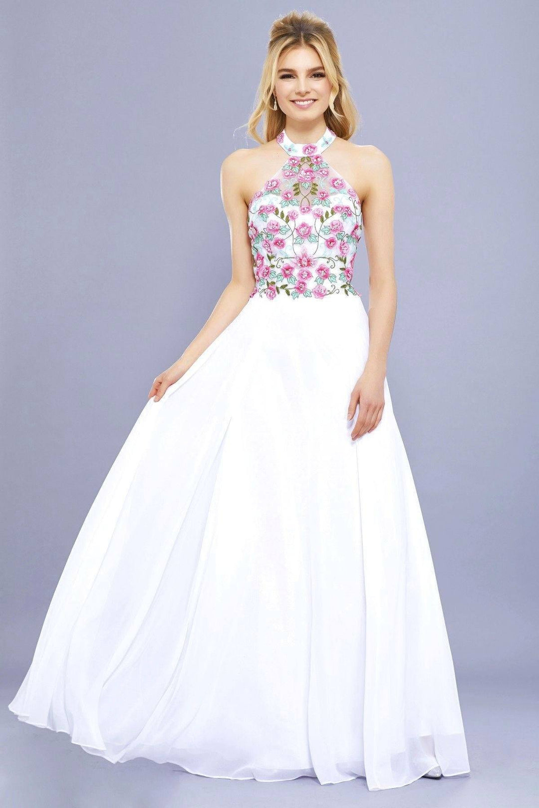 Long Halter Dress with Floral Embroidery by Nox Anabel 8326-Long Formal Dresses-ABC Fashion