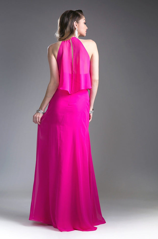 Long Halter Dress with Flounce Bodice Cinderella Divine 13031-Long Formal Dresses-ABC Fashion