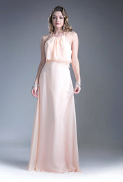 Long Halter Dress with Flounce Bodice Cinderella Divine 13031-Long Formal Dresses-ABC Fashion