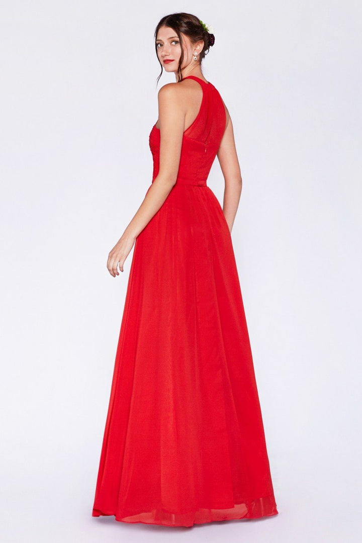 Long Halter Dress with Gathered Bodice by Cinderella Divine 1469-Long Formal Dresses-ABC Fashion