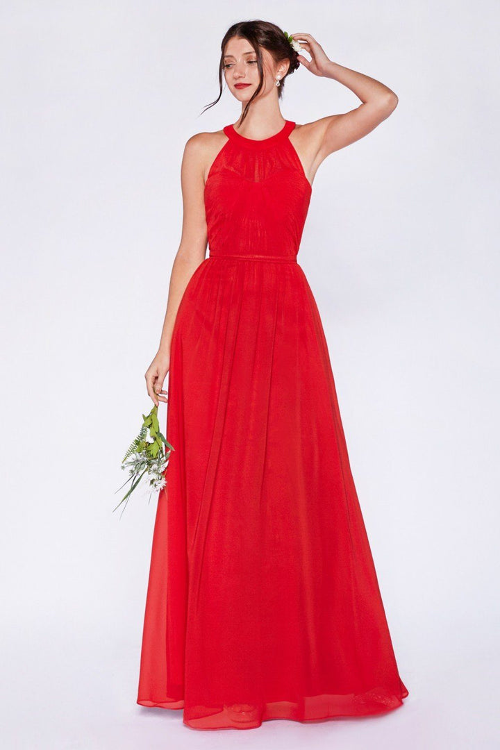 Long Halter Dress with Gathered Bodice by Cinderella Divine 1469-Long Formal Dresses-ABC Fashion