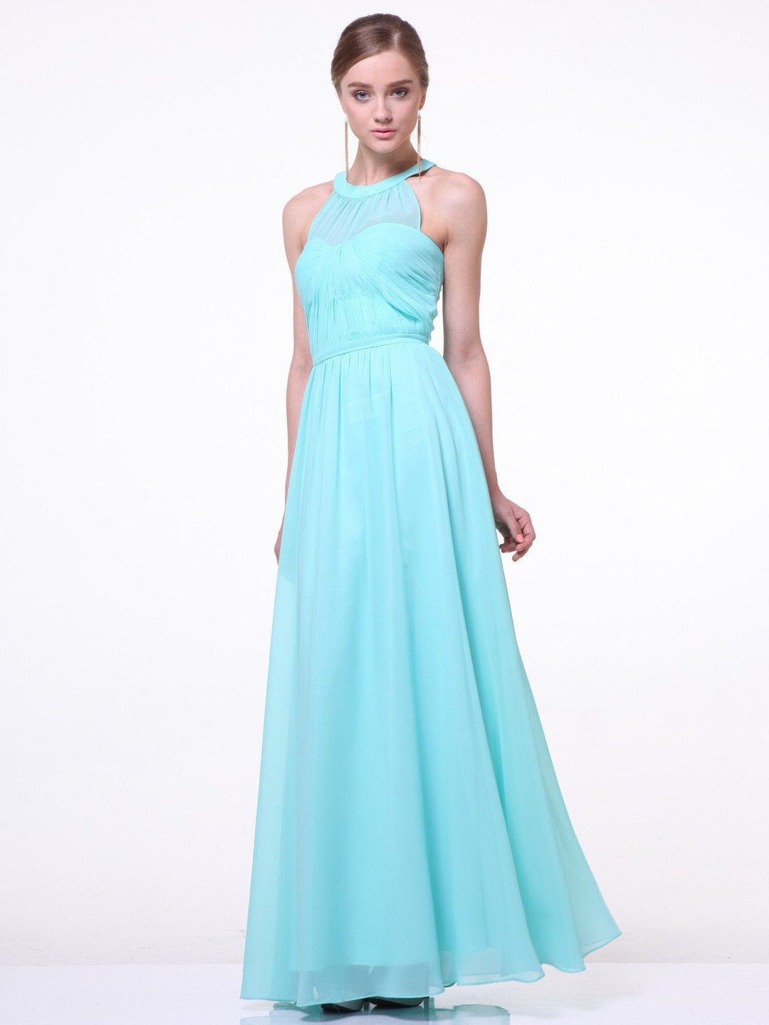 Long Halter Dress with Gathered Bodice by Cinderella Divine 1469-Long Formal Dresses-ABC Fashion