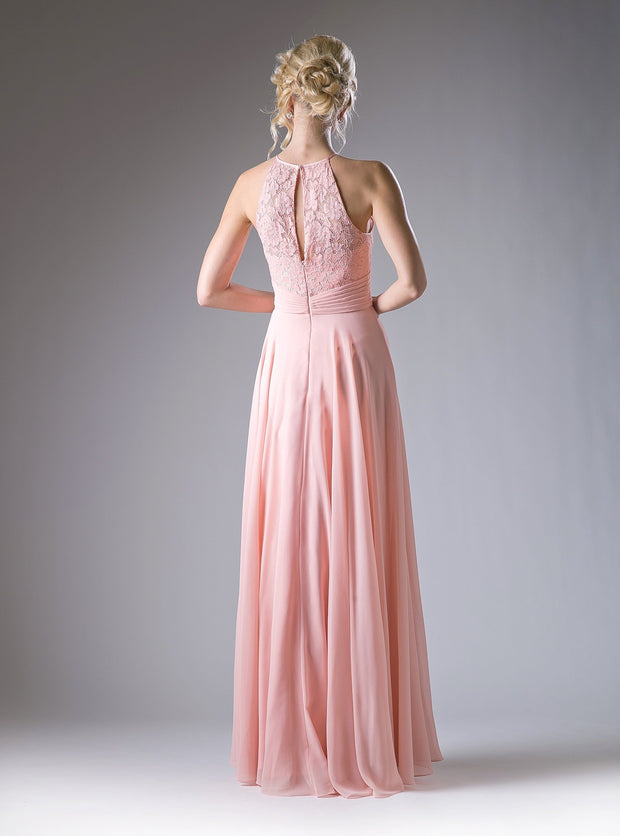 Long Halter Dress with Lace Bodice by Cinderella Divine CJ228-Long Formal Dresses-ABC Fashion