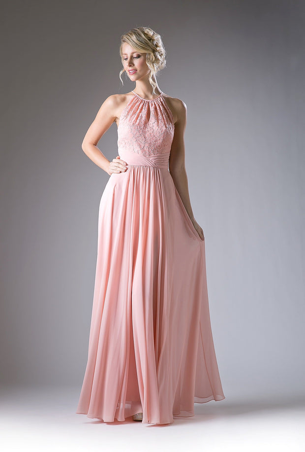 Long Halter Dress with Lace Bodice by Cinderella Divine CJ228-Long Formal Dresses-ABC Fashion