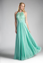 Long Halter Dress with Lace Bodice by Cinderella Divine CJ228-Long Formal Dresses-ABC Fashion