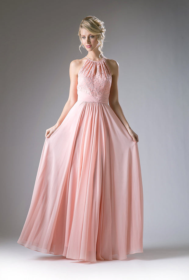 Long Halter Dress with Lace Bodice by Cinderella Divine CJ228-Long Formal Dresses-ABC Fashion