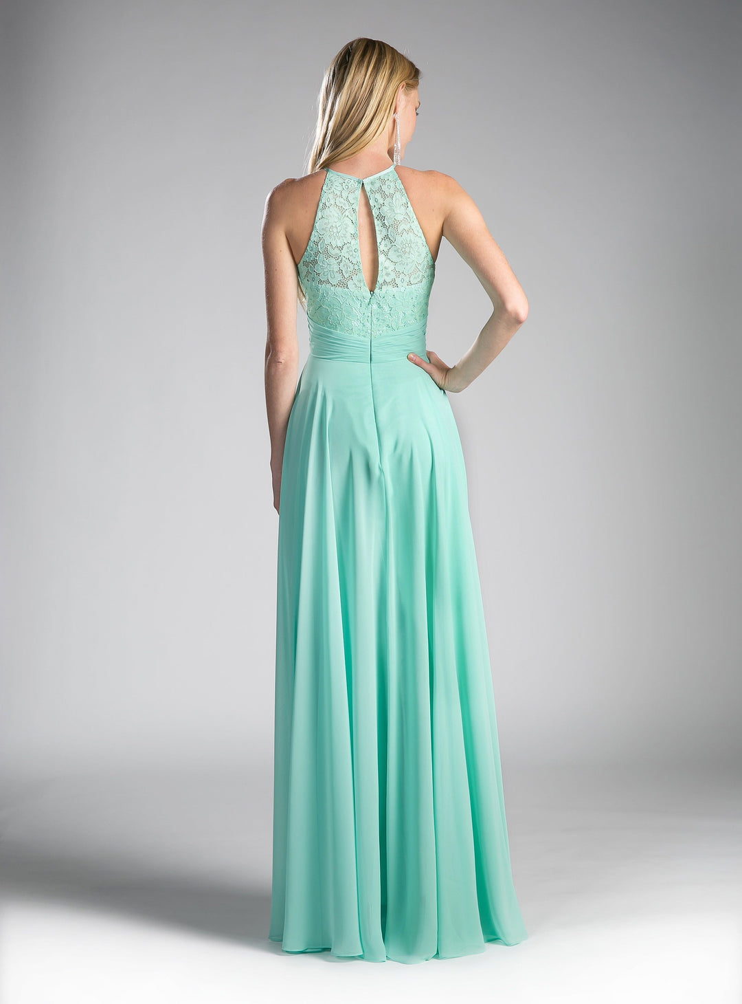 Long Halter Dress with Lace Bodice by Cinderella Divine CJ228-Long Formal Dresses-ABC Fashion