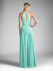 Long Halter Dress with Lace Bodice by Cinderella Divine CJ228-Long Formal Dresses-ABC Fashion