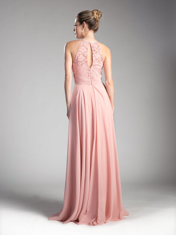 Long Halter Dress with Lace Bodice by Cinderella Divine CJ228-Long Formal Dresses-ABC Fashion