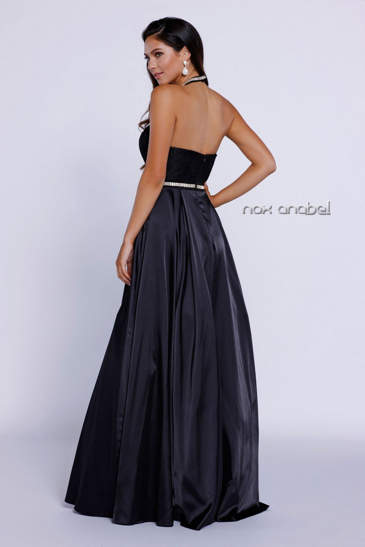 Long Halter Dress with Lace Embroidery by Nox Anabel 8198-Long Formal Dresses-ABC Fashion