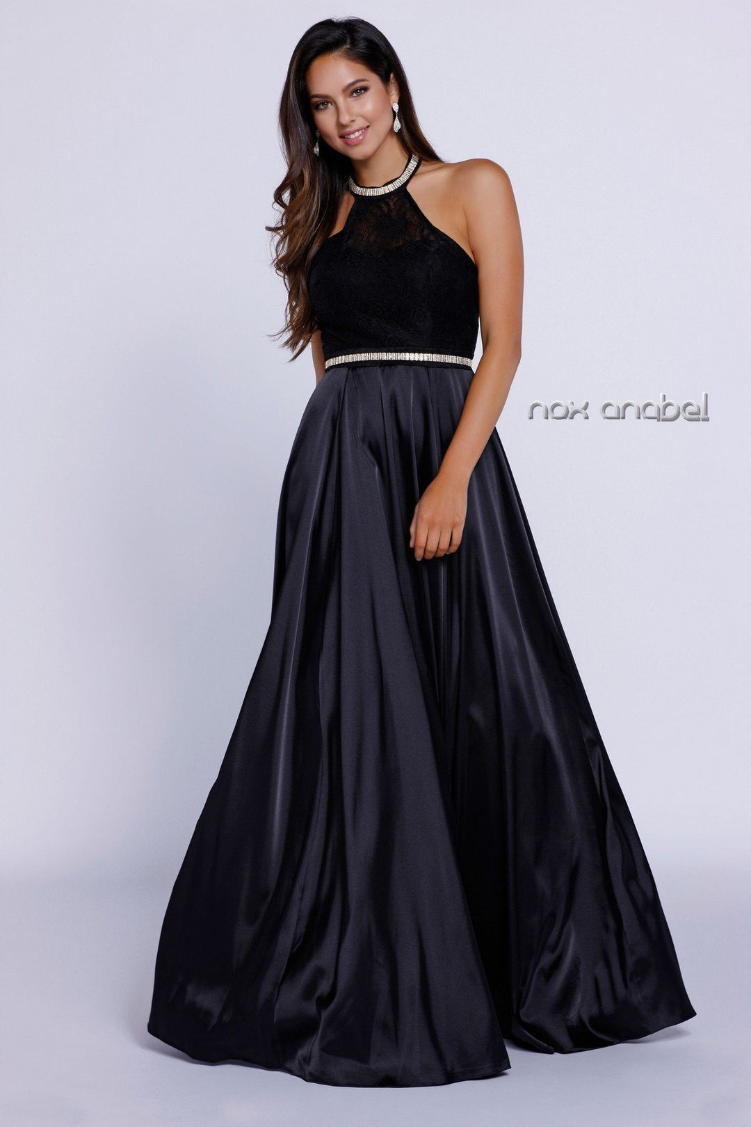 Long Halter Dress with Lace Embroidery by Nox Anabel 8198-Long Formal Dresses-ABC Fashion