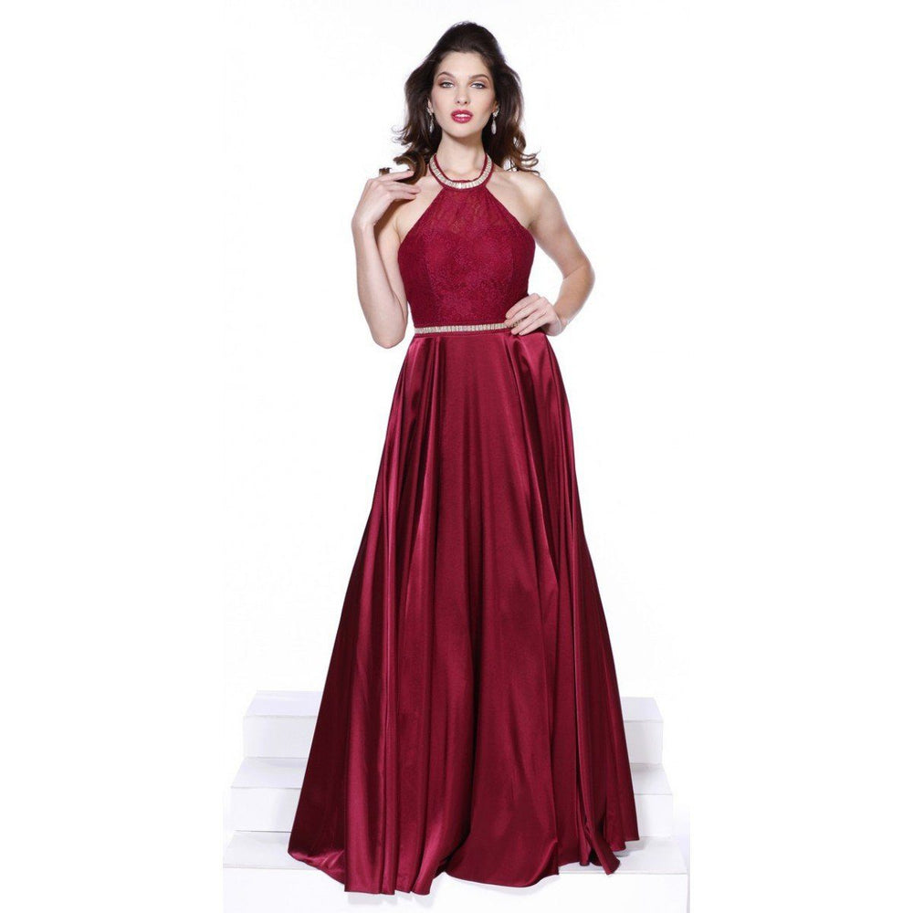 Long Halter Dress with Lace Embroidery by Nox Anabel 8198-Long Formal Dresses-ABC Fashion