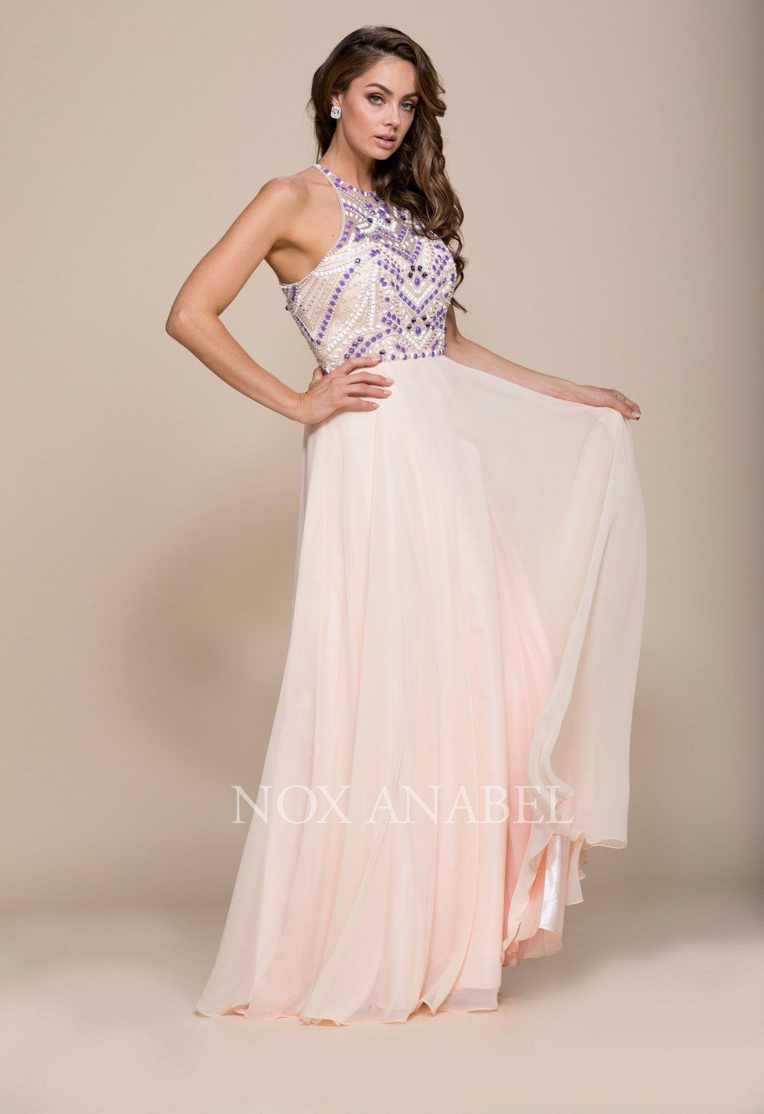 Long Halter Illusion Dress with Jeweled Bodice by Nox Anabel 8276-Long Formal Dresses-ABC Fashion
